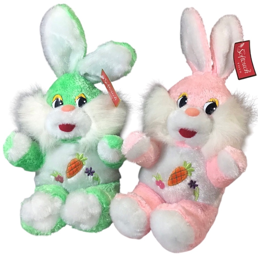 2 Softouch Bunny Rabbits Stuffed Animal Plush Pink Green Toys Carrot